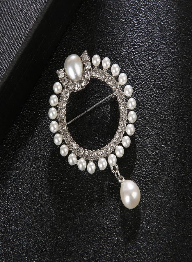 MXUHUI Elegant CZ Cubic Zirconia Round White Simulated Pearl Circle Brooch Pin for Women Wedding (Silver) - Image 3